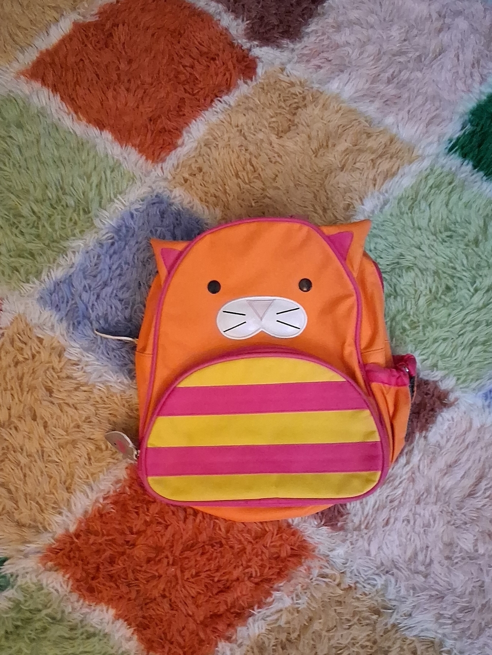 Skip Hop Orange Cat Backpack with Pink and Yellow Stripes